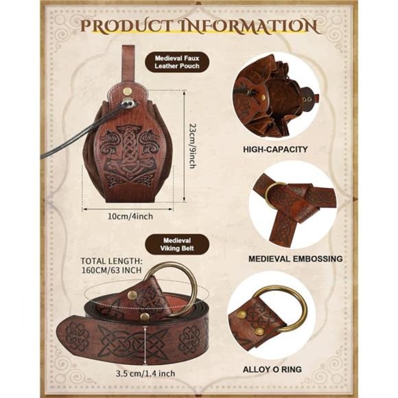 2 Pcs Medieval Viking Belt Leather Belt Pouch Renaissance Leather Belt Medieval - Picture 2 of 6